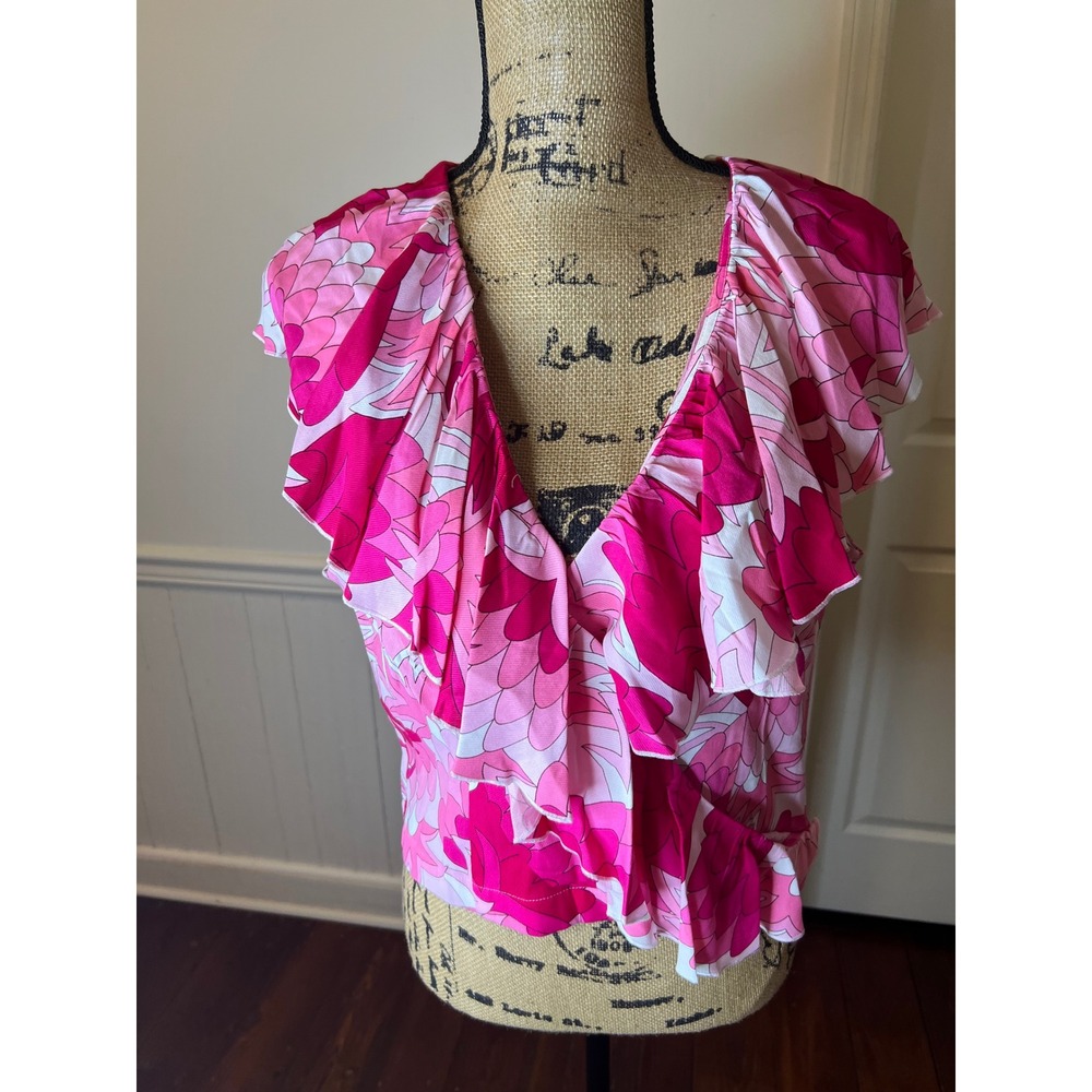 Trina Turk Janis Top Pink White‎ Floral Ruffle V-Neck Sleeveless Blouse 14 NEW